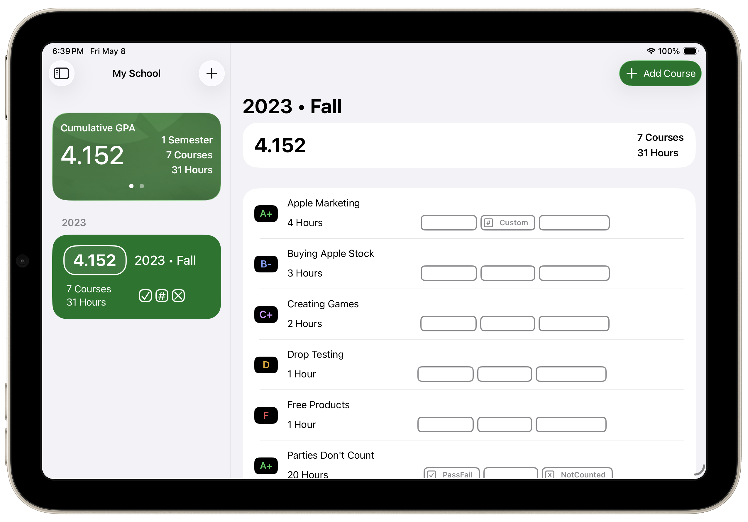 Screenshot of Fourpoint showing GPA calculations